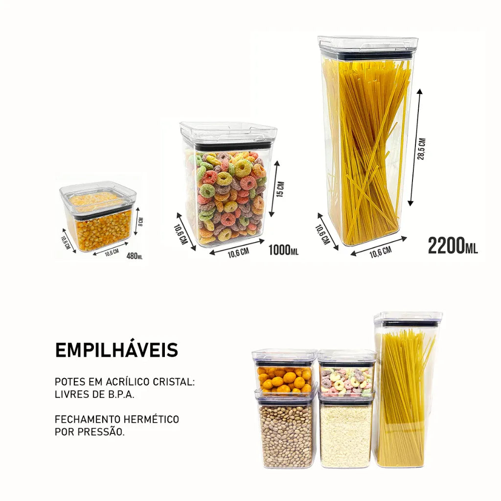 Kit de Potes Herméticos OrganizaPro com Vedação Total