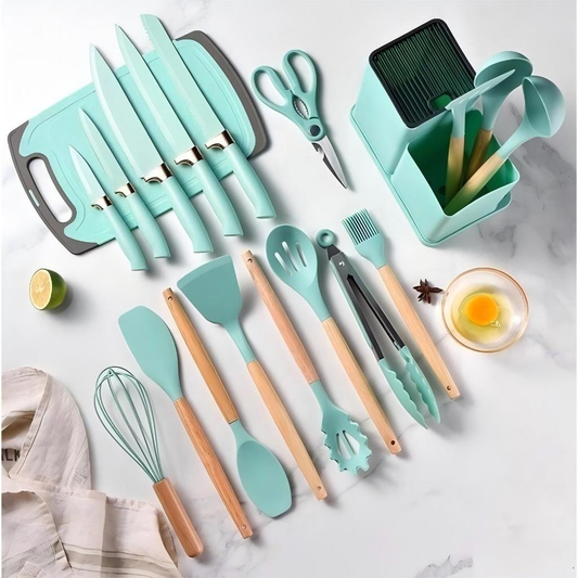 Kit de Utensílios SmartCook em Silicone com Cabo de Madeira – 19 Peças