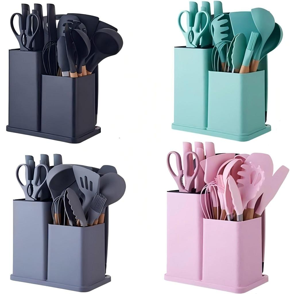 Kit de Utensílios SmartCook em Silicone com Cabo de Madeira – 19 Peças