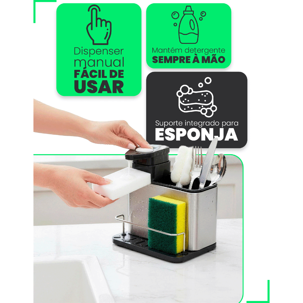 Dispenser de Detergente SmartSink com Organizador 3 em 1