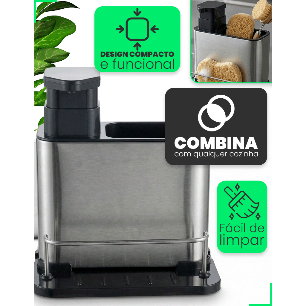 Dispenser de Detergente SmartSink com Organizador 3 em 1